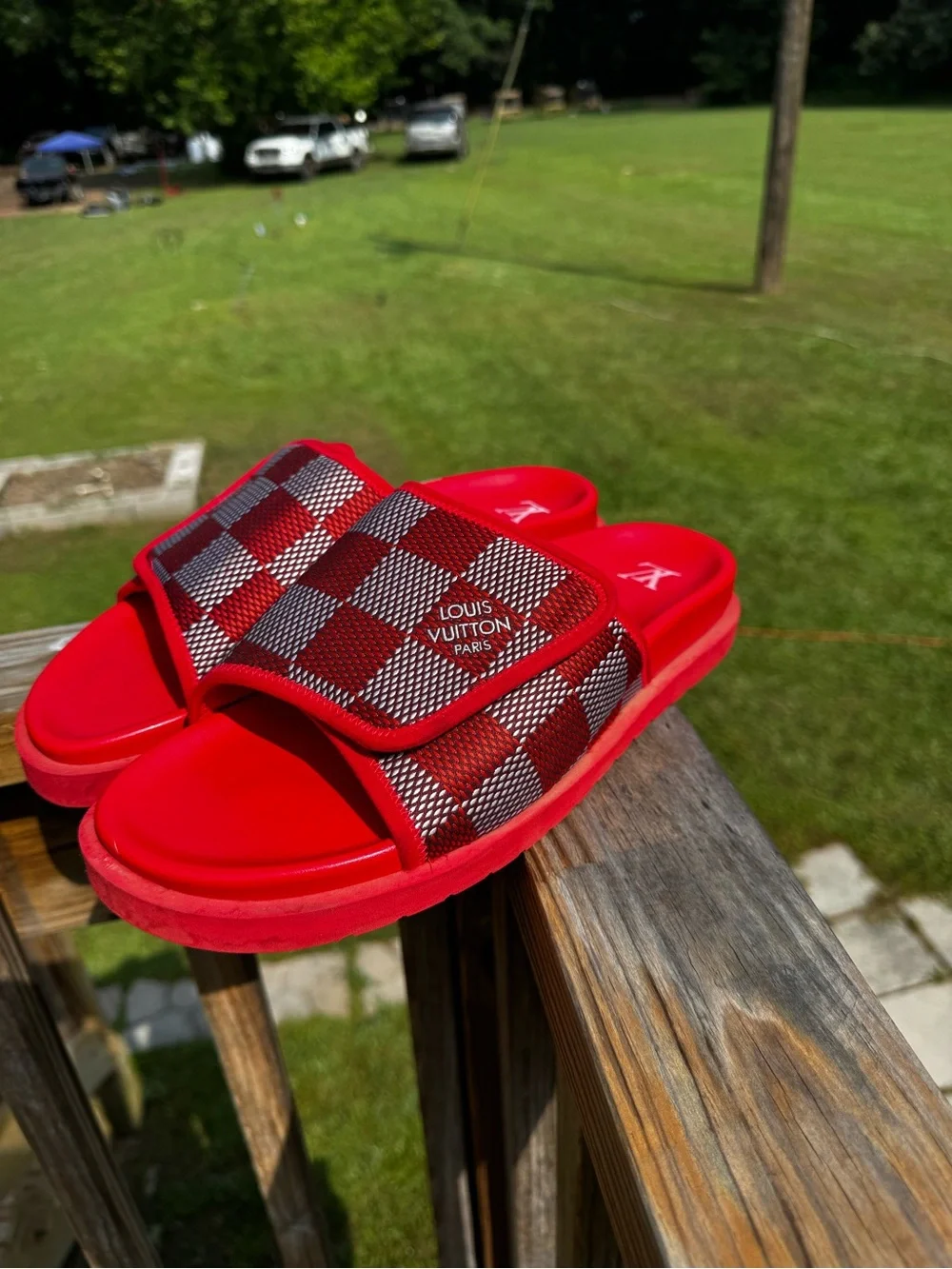 Louis Vuitton Red Checker Slide Sandals